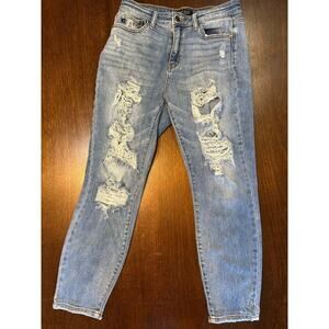 Judy Blue Boyfriend Fit Distressed Jeans Women 7/28 Fringe Grunge Stretch Comfy